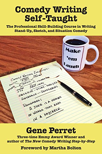 Book cover: "Comedy Writing Self-Taught" with pen, paper, and coffee mug.