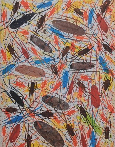 Abstract painting with scattered insect and colorful paint splatter imagery.