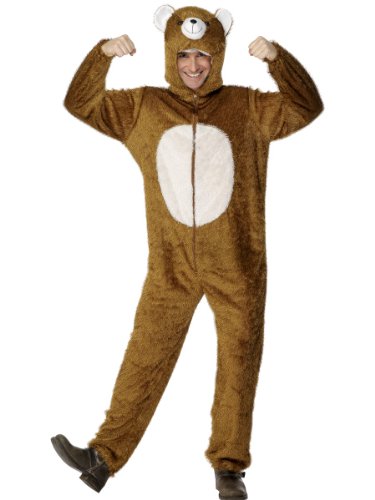 Person wearing a full-body brown bear costume with a light belly.