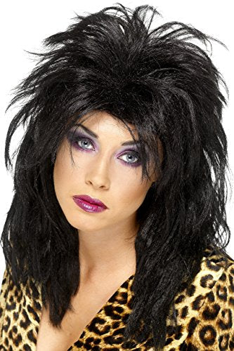 Woman modeling a long, spiky, black wig with layered styling.