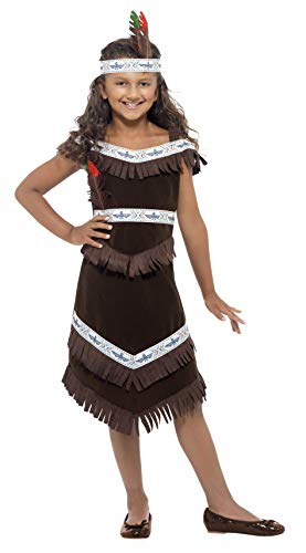 Child wearing a brown fringed dress and Native American-style headband.