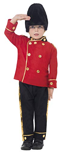 Boy in a red and black British Queens Guard costume.