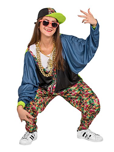 Man wearing 80's hip-hop costume, holding a silver boombox, against a white background.