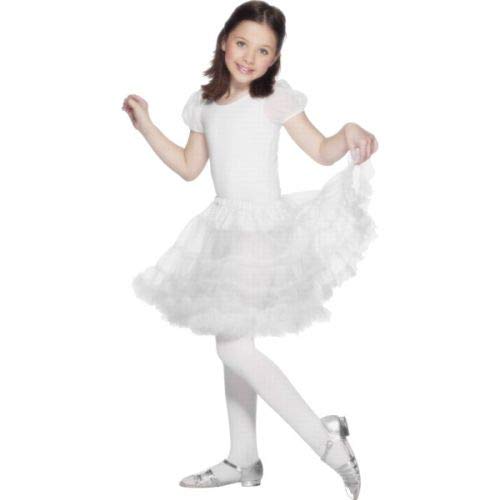 Girl wearing a short, fluffy white tutu skirt and silver shoes.