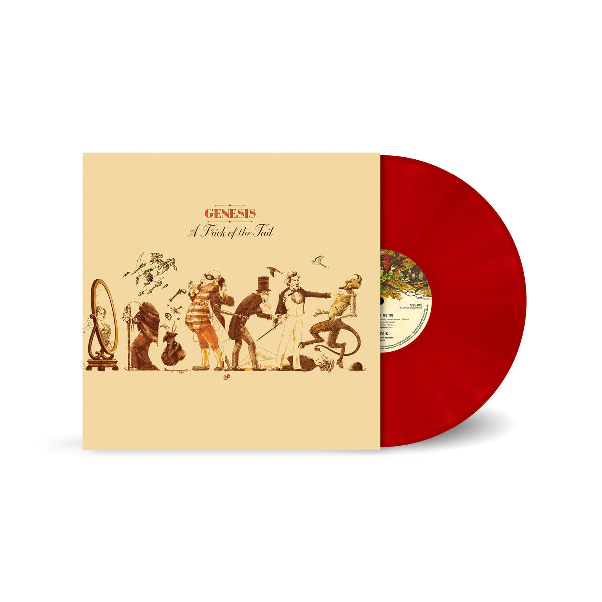 Genesis album cover and red vinyl record, illustrated figures.
