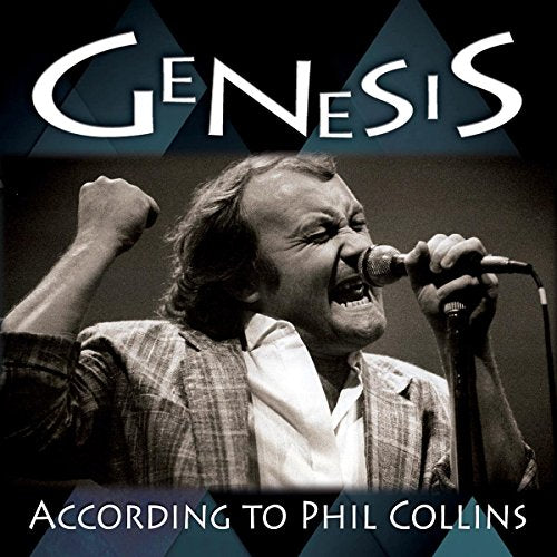 Black and white photo of Phil Collins singing into a microphone on stage.