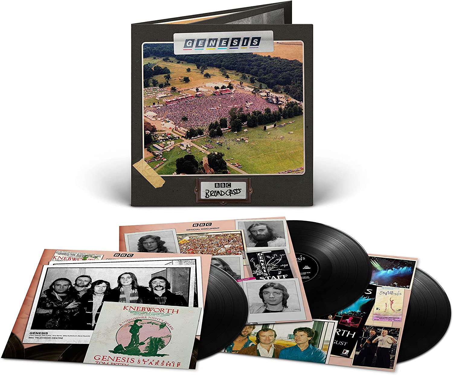 "Three vinyl records with covers featuring Genesis band photos and concert images."