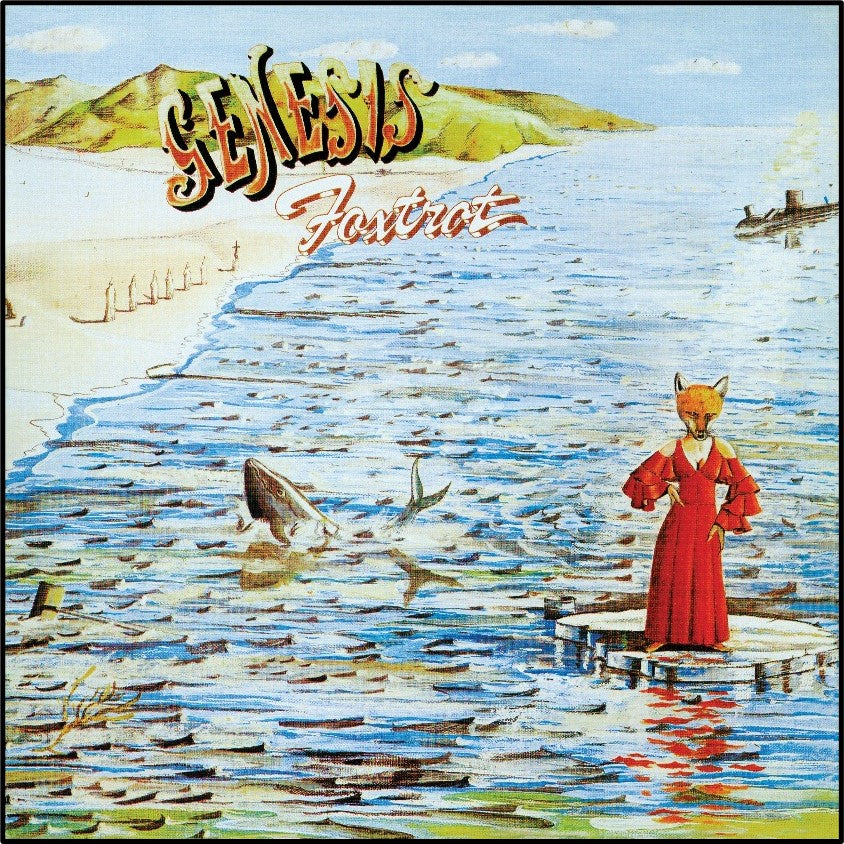 Album cover: fox in a red dress on a seaside platform.