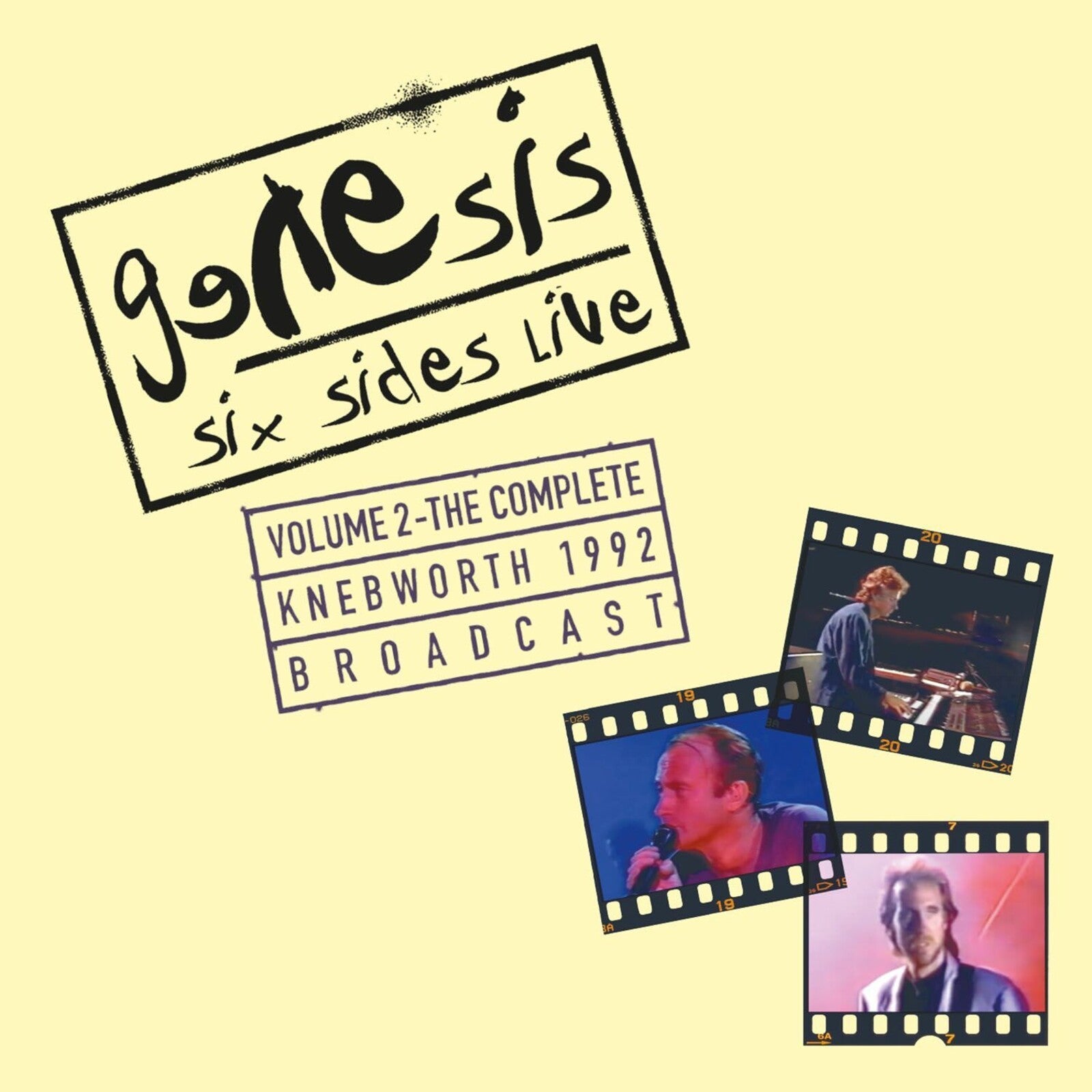 Genesis Six Sides Live album cover with text and three film strip concert photos.
