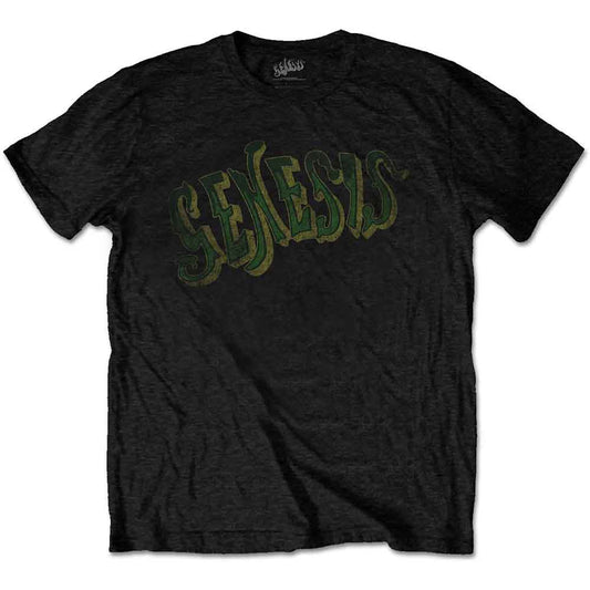 Black Genesis t-shirt with a distressed green and brown logo print.