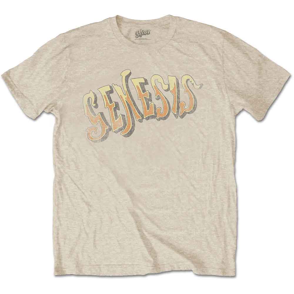 Sand-colored t-shirt with a colorful "Genesis" graphic print.
