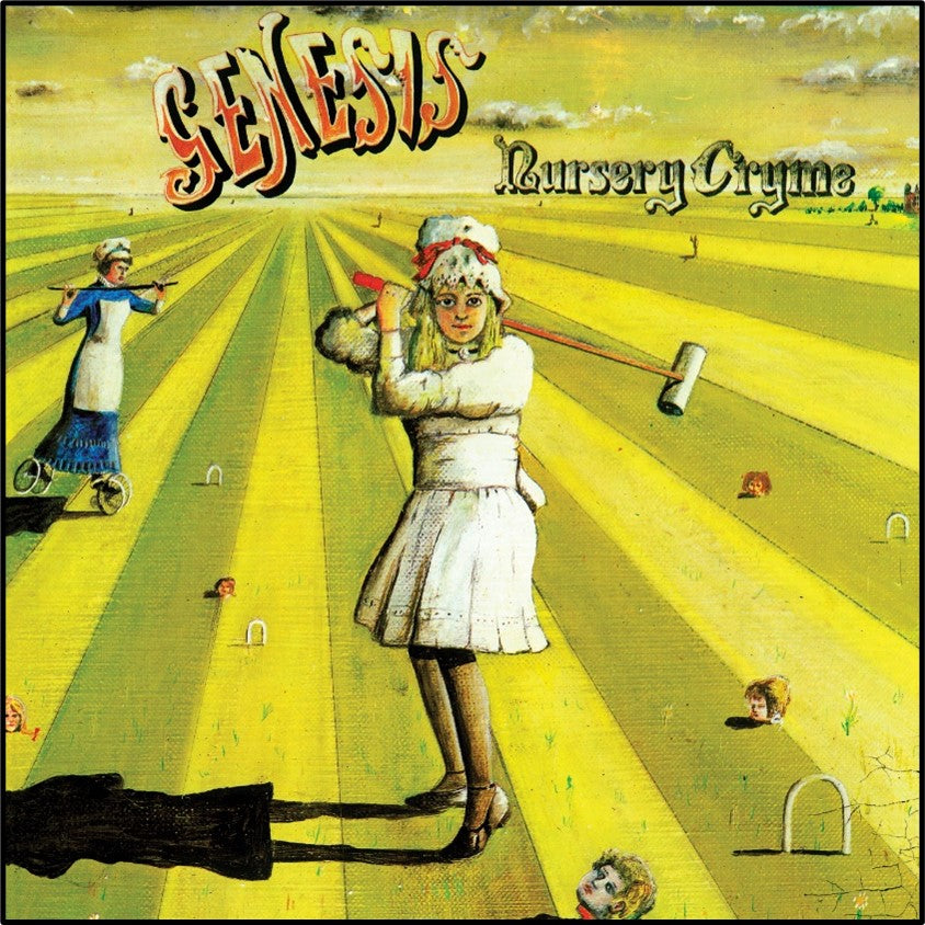 Album cover for Genesis’ “Nursery Cryme” featuring figures in a yellow field.