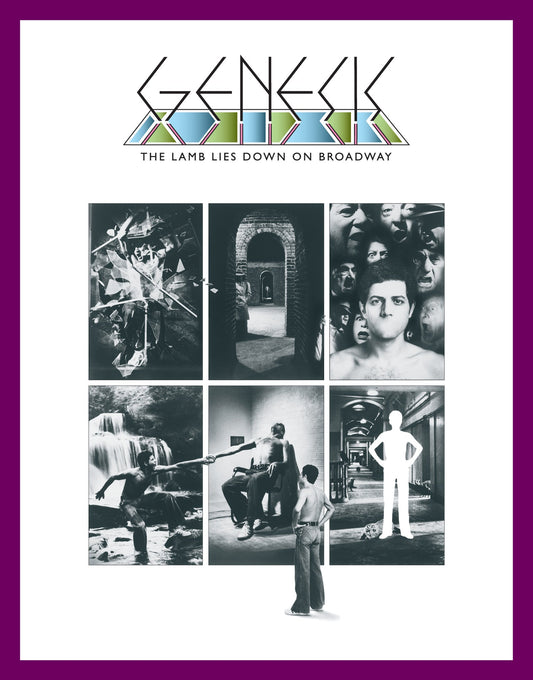 Genesis album cover featuring six black and white surrealist photo panels on white background.