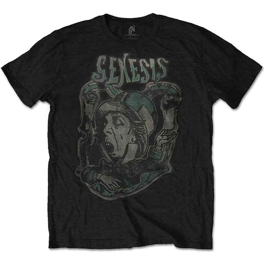 Black t-shirt with distressed Genesis Mad Hatter graphic design.