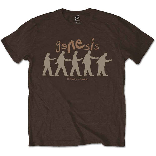 Brown Genesis band t-shirt featuring silhouettes of five people walking and album title text.