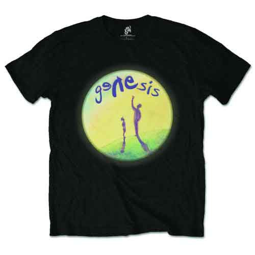 A person wearing a black t-shirt featuring a circular Genesis Watchers of the Skies graphic.