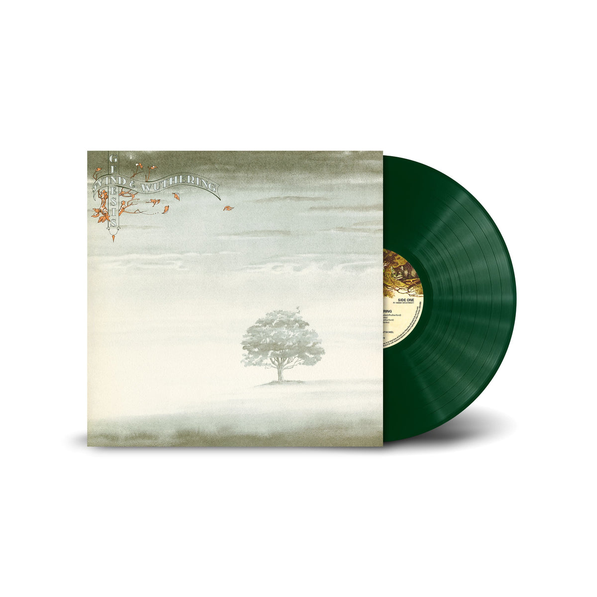 Genesis "Wind & Wuthering" vinyl record with a tree landscape cover.