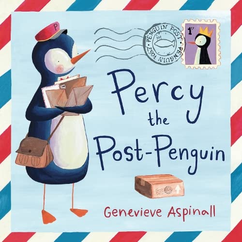 A penguin postman wearing a cap holds letters on a light blue envelope background.