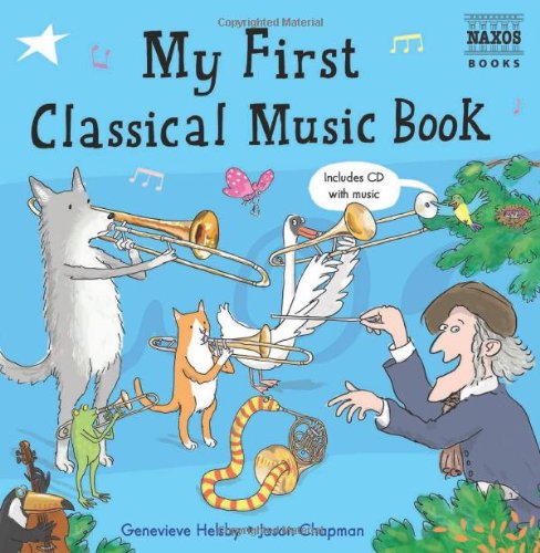 "Book cover with cartoon animals playing instruments and a conductor, blue background."