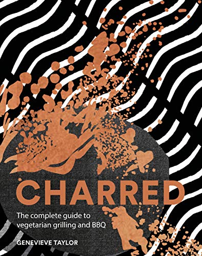 Book cover titled Charred with abstract brown splatters over a black and white wavy background.