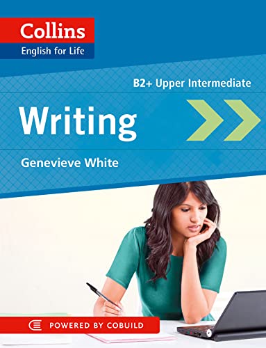 Collins "Writing: B2" textbook cover with a woman at a desk.