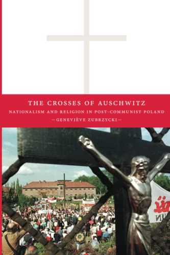 Book cover with a cross and a crowd before Auschwitz memorial.