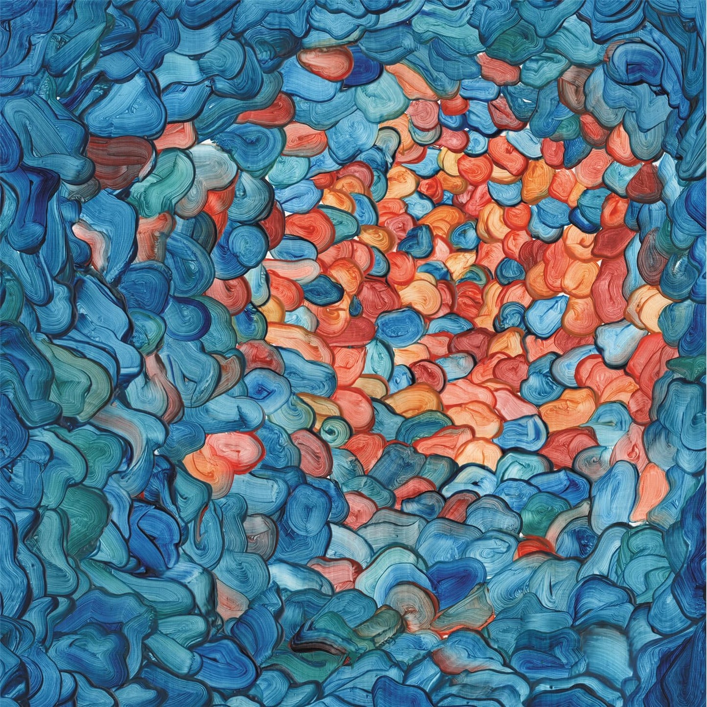Abstract painting of swirling blue and orange shapes, resembling clouds.