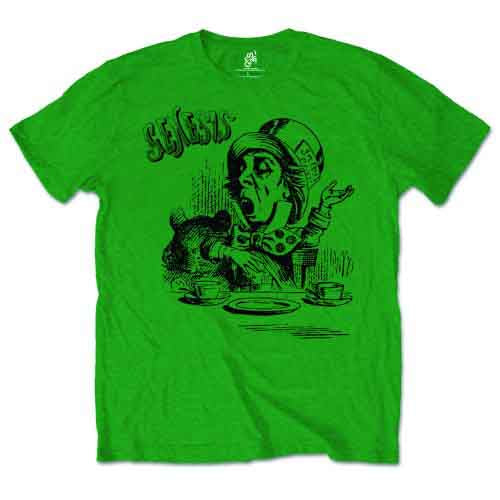 Man wearing a bright green short-sleeve t-shirt with a black Mad Hatter graphic.