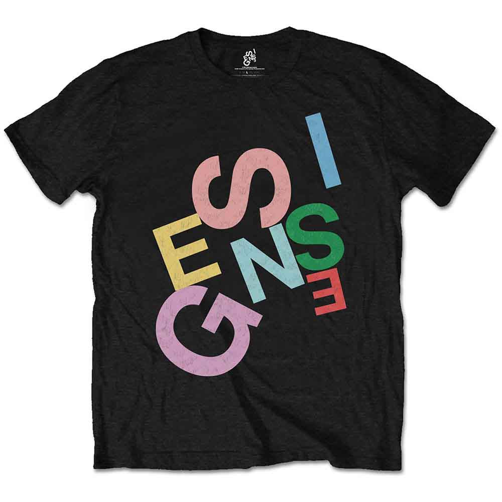 Black t-shirt with colorful, scattered "GENESIS" logo on a male model.