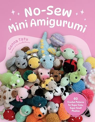 Book cover featuring many small, colorful, crocheted amigurumi animals on a pink background.