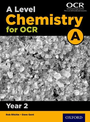"Textbook cover with 'A Level Chemistry for OCR A Year 2' title and crystal image."