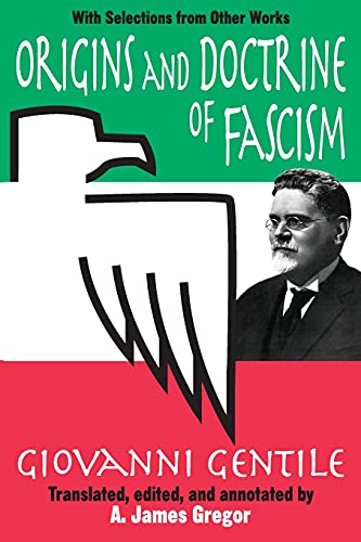 Book cover: "Origins and Doctrine of Fascism" with portrait and Italian flag.