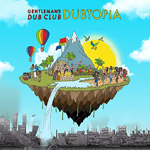 Dubtopia" CD cover: floating island with people, waterfall, and city skyline.