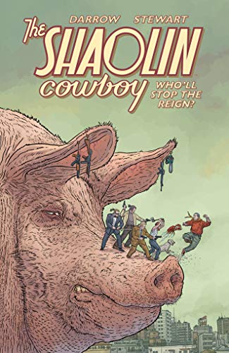 Comic book cover: a large pig with tiny figures of people on its snout.