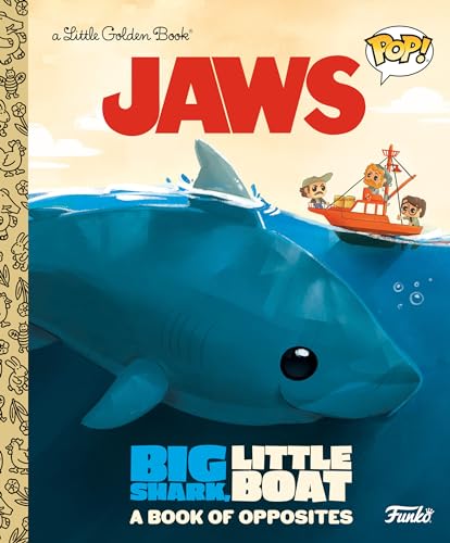 “JAWS” book cover with a large blue shark and small red boat.