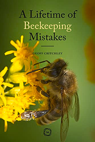 Book cover: "A Lifetime of Beekeeping Mistakes" with a bee on yellow flowers.