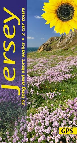 Jersey walking guide cover with sunflower, coastal landscape, and purple flowers.