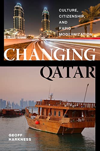 Book cover: “Changing Qatar” with city skyline and traditional boat images.