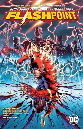 The Flash runs forward with other DC superheroes silhouetted against a lightning-filled city background.
