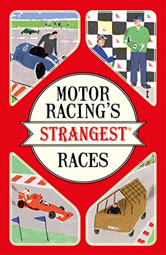Book cover with title and four illustrated scenes of vintage motor racing.
