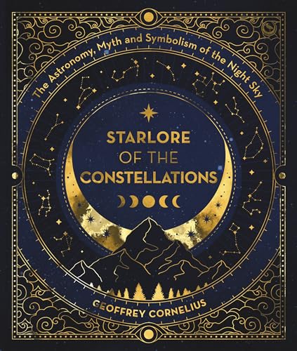 Book cover with gold constellations, crescent moon, and mountain scene.