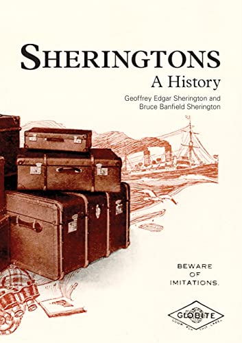 Book cover for "Sheringtons: A History" with vintage luggage illustration.