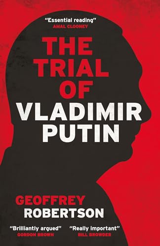 Book cover: red background, silhouette of a man’s profile, title “The Trial of Vladimir Putin.”