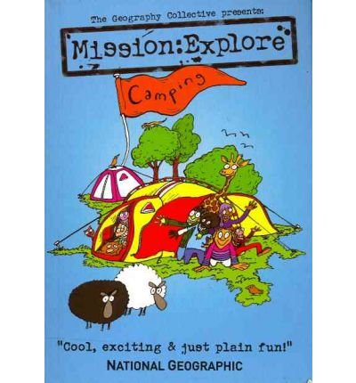 Cartoon illustration of camping scene with tent, giraffe, and sheep.