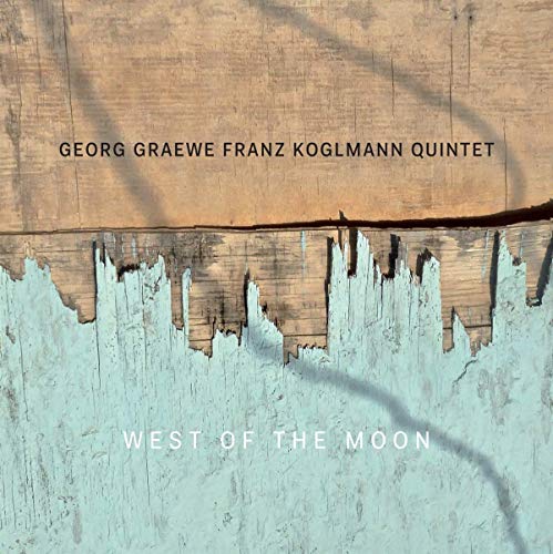 "Album cover with peeling blue paint on wood, text 'West of the Moon' and artist name."