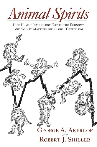 Book cover with sketched animals climbing a line graph, titled "Animal Spirits".