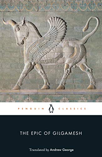 Book cover: "The Epic of Gilgamesh" with winged bull relief image.