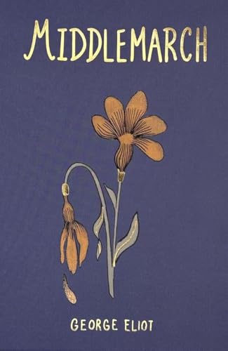 Book cover featuring gold text Middlemarch and George Eliot with gold flower illustrations.