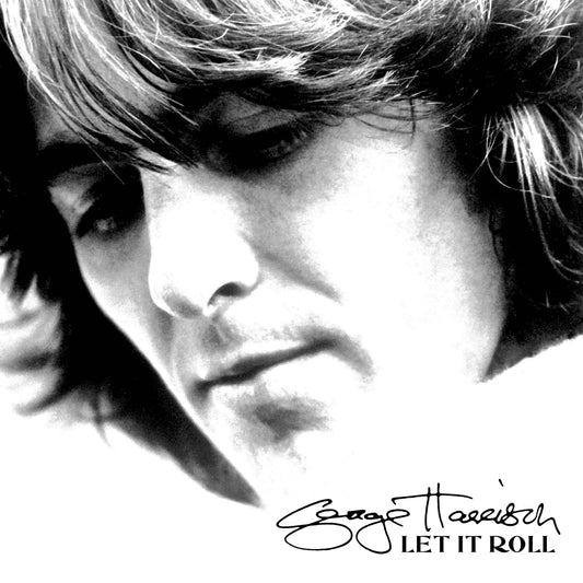 Black and white close-up portrait of George Harrison with his name and album title.