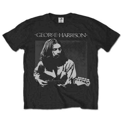 Charcoal grey t-shirt with a portrait of George Harrison playing guitar.